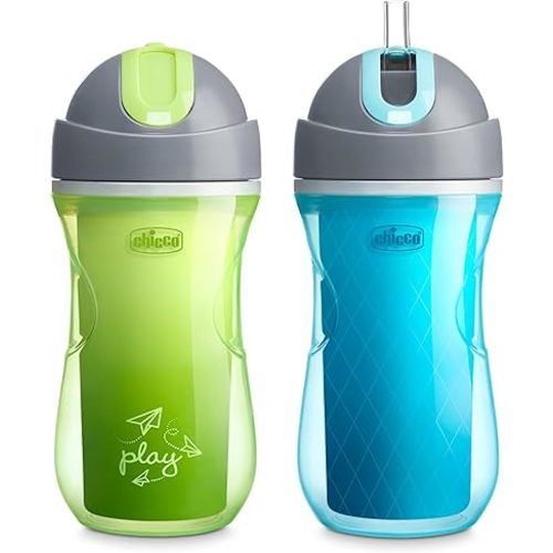 Chicco Double-Wall Insulated Flip-Top Sippy Cup with Silicone Straw and Spill-Free Lid 9oz.| Top-Rack Dishwasher Safe | Easy to Hold with Ergonomic Indents | Green Play/Teal, 2pk | 12+ months