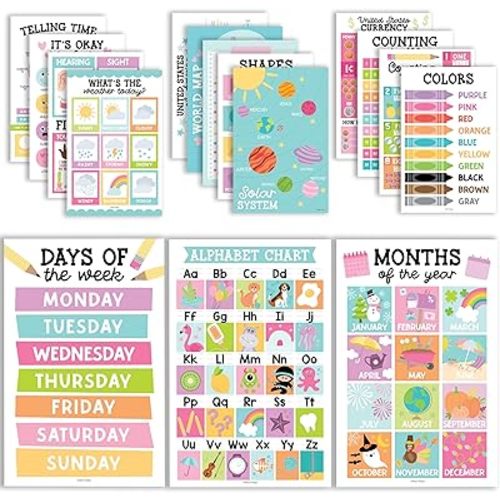 Hadley Designs 16 Educational Posters for Classroom & Kindergarten, Kindergarten Classroom Must Haves, Laminated PreK Learning Chart Materials US & World Map, ABC Alphabet, Shapes, Days of the Week