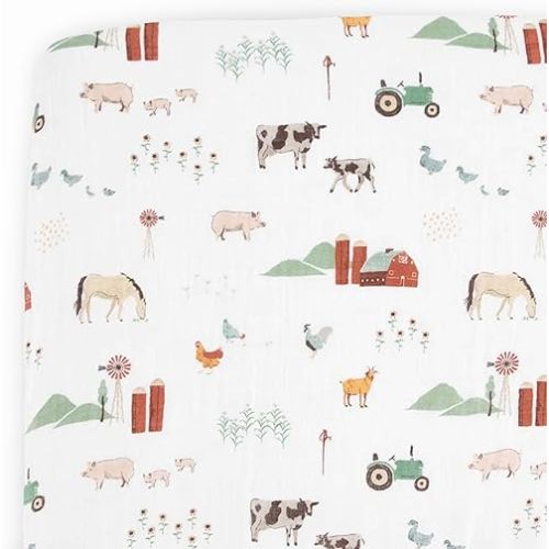 Little Unicorn Fitted Crib Sheet | 100% Cotton Muslin | Super Soft | Sized for Standard Baby Crib & Toddler Mattress | Machine Washable | 52” x 28” x 6” (Farmyard)