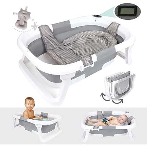 BEBELEH™ Collapsible Baby Bathtub with Thermometer – Bathtub + Baby tub Sling + Newborn Sling – Baby Bathtub Newborn to Toddler 0-24 Months – The Ultimate Baby Bath Tub! (with Thermometer,Gray)