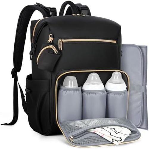 Lekesky 27L Large Diaper Backpack with 10+ Pockets, 1.52Lb Lightweight Durable Baby Bag, with Foldable Changing Pad & Pacifier Case, Anti-theft Pocket, Wipes Pocket, Easy to Clean, Black