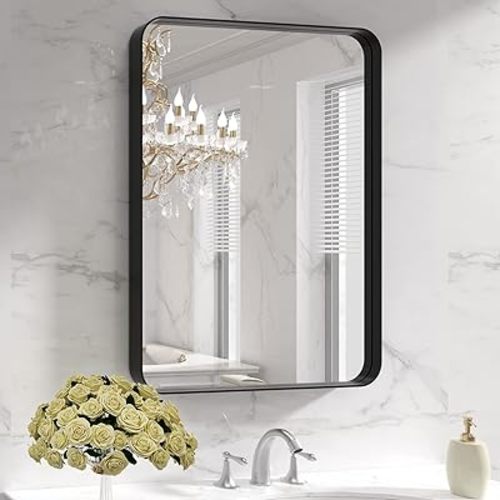 LOAAO Black Metal Framed Bathroom Mirror for Wall, 22X30 Inch Rounded Rectangle Mirror, Matte Black Bathroom Vanity Mirror Farmhouse, Anti-Rust, Tempered Glass, Hangs Horizontally or Vertically - 22"x30"