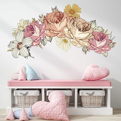 Large Peony Floral Wall Decals Peel and Stick - Boho Floral Wall Stickers for Girls Baby Kids Room - Vinyl Peony Flowers Wall Stickers Decor for Bedroom Nursery Living Room