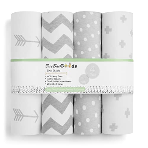 BaeBae Goods Premium Crib Sheets for Baby Boys and Girls, 4 Pack, Soft and Breathable Jersey Knit Fitted Sheet Set, Grey and White, Cute Gender Neutral Nursery Mattress Bedding, Universal Fit
