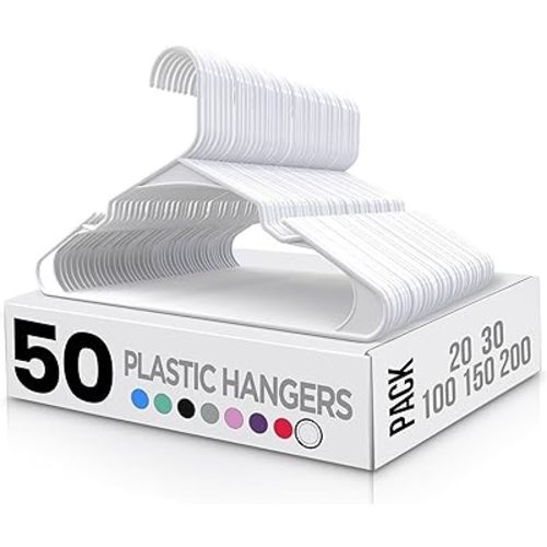 Utopia Home Plastic Hangers 50 Pack - Perfect for Clothes Hanger Space Saving - Durable and Strong Coat or Pant Hangers for Closet Organizers and Storage with Shoulder Grooves (White)