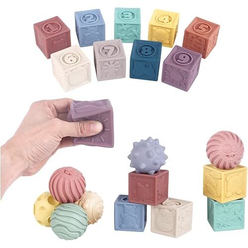Baby Blocks Soft Building Blocks, Building Silicone Brick Grip Toy, 3D Silicone Brick Soft Ball Kids Rubber Bath Cube Baby Toys (9+6PCS)