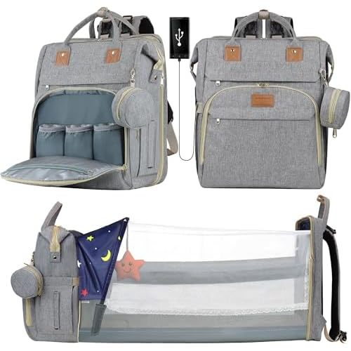 Baby Diaper Bag Backpack,Baby Shower Gifts, Multifunctional Travel Diaper Bag, Gifts for Mom with Portable Diaper Pad (GREY)