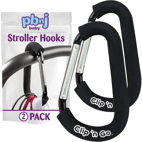 Stroller Hooks for Hanging Diaper Bags - Mommy Stroller Clip and Stroller Accessories Organizer Hook - Large Carabiner Clips for Mom Purse Shopping Grocery Bag and Accessory - (2 Pack)