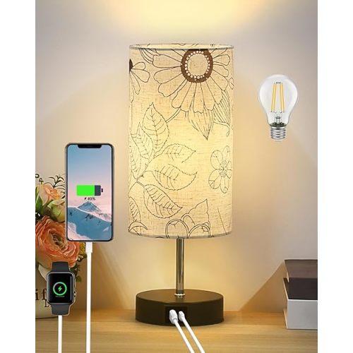 Touch Bedside Table Lamp with Bedroom, 3 Way Dimmable Desk lamp USB C Charging Ports and AC Outlet, Nightstand Lamp with Round Flower Fabric Shade for Living Room, Home Office