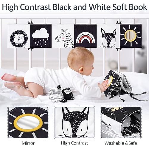 Joyreal High Contrast Baby Toys for Newborn, Black and White Baby Sensory Toys with Car Seat Toys,Infant Toys with Black White Cards Book, Montessori Toys for Baby Gifts