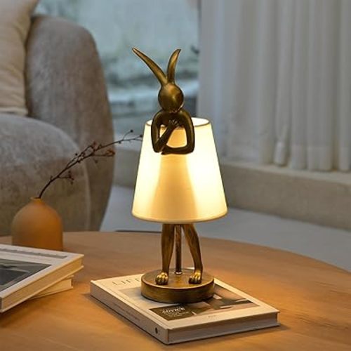 Rabbit Table Lamp – Vintage Gold Resin Bunny Lamp with Linen Shade, Includes E12 LED Bulb, Decorative Bedside Lamp for Bedroom, Kids Room, Holiday or Birthday Gift (White)