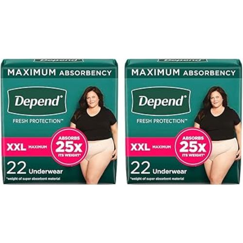 Depend Fresh Protection Adult Incontinence Underwear for Women (Formerly Depend Fit-Flex), Disposable, Maximum, Extra-Extra-Large, Blush, 22 Count, Packaging May Vary (Pack of 2)