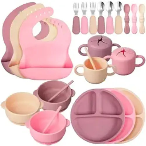 24 Pack Silicone Baby Feeding Set Baby Led Weaning Supplies Includes Suction Divided Plates Soft Bowl Spoons Forks Adjustable Bib Snack Cup and Straws for Baby Eating (Pink, Dark Pink, Nude)
