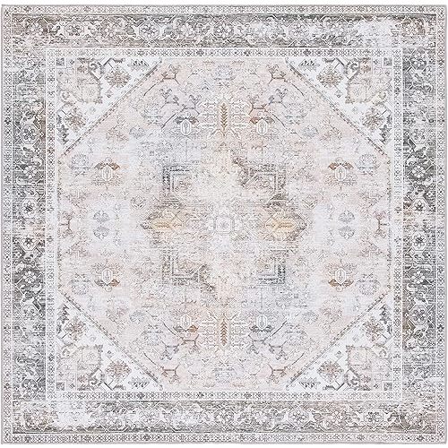 SAFAVIEH Tucson Collection Area Rug - 9' Square, Beige/Grey, Geometric Design, Machine Washable Indoor/Outdoor & Washable-Ideal for Patio, Backyard, Mudroom (TSN102B)