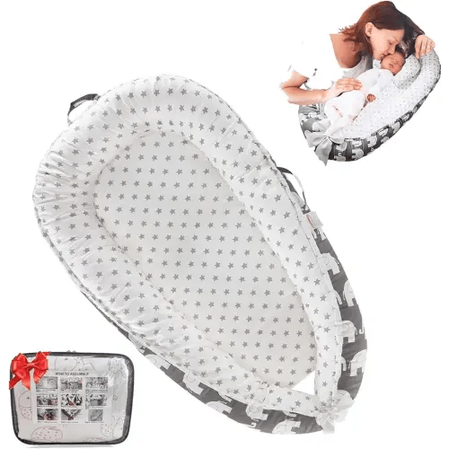 Loevin Baby Lounger for Newborn (0-24 Months) - 100% Cotton Baby Nest with Handles, 2-in-1 Play Mat & Diaper Changing Pad, Portable for Home & Travel, Infant Essentials Gifts (Elephant Gray)