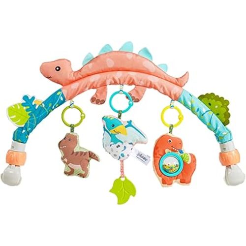 Baby Stroller Arch Toy for Infant & Toddler 0-6 Months, Musical Travel Car Seat Toys W/ Teether, Adjustable Mobile Arm for Crib, Bassinet, Pram, Bjorn Bounce Bar Activity Hanging Accessory 6-12(Dino)
