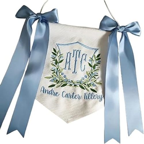 Personalized Baby Welcome Banner Custom Embroidery Name Flag New Coming Baby Hospital Door Sign with Bows Baby Shower Decoration