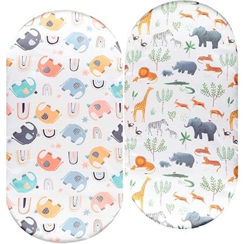 Bassinet Sheet Set 2 Pack Satin Ultra Soft Silk Fit for Rectangle, Hourglass, Oval Bassinet Mattress Protect for Baby Hair and Skin Cradle or Bassinet Sheets, Elephant & Rhino Lion