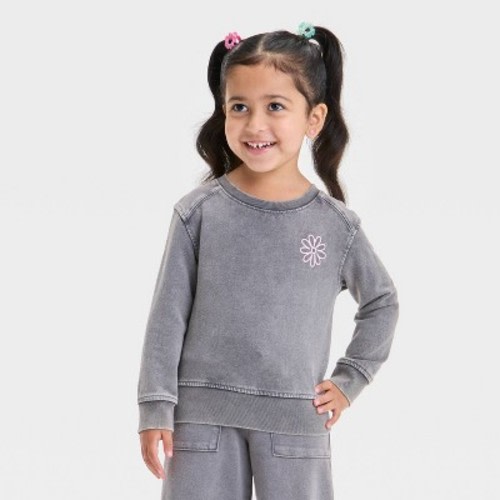 Toddler Girls' French Terry Sweatshirt - Cat & Jack™ Charcoal Gray 12M: Cotton Blend, Floral Pattern, Long Sleeve Pullover