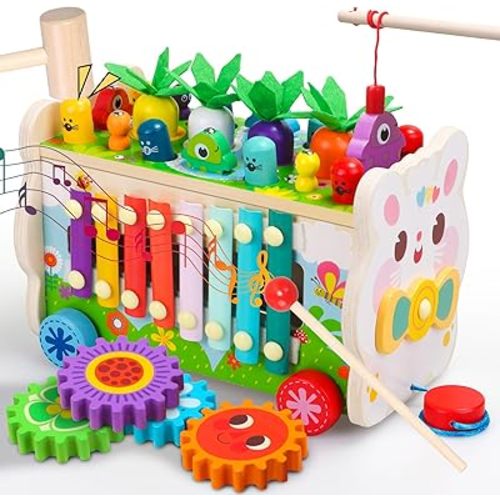 9 in 1 Montessori Toys for 1 Year Old, Wooden Hammering Pounding Toy Game with Xylophone for Toddlers 1-3, Gears and Carrot Harvest,1 Year Old Girl Birthday Gifts, Learing Toys for Babies
