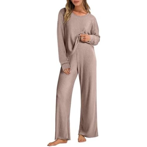 ANRABESS Women 2 Piece Lounge Pajamas Sets Casual Ribbed Knit Long Sleeve Top Pants Matching Set 2024 Fall Outfits Clothes