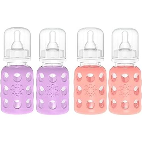 Lifefactory Glass Baby Bottles with Silicone Protection - 4-Pack, 4 oz Each Bottle (2- Lavender & 2- Cantaloupe)