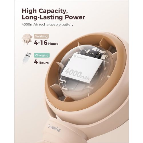 SWEETFULL Baby Stroller Fan - 4000mAh Rechargeable 4-Speed Quiet with LED Display & Night Light, Mini Portable 360° Clip On Safe Fan for Car Seat, Crib, Travel - Brown