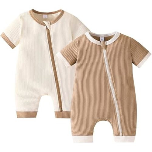 Bafeicao Unisex Baby Boy Girl 2 Pack Rompers Short Sleeve Two Way Zipper Romper One Piece Jumpsuits Clothes Sets