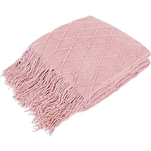 PAVILIA Light Pink Knit Throw Blanket for Couch, Twin Bed, Soft Knitted Farmhouse Sofa Throw for Living Room, Lightweight Decorative Summer Blanket for Chair, Outdoor Textured Boho Blanket, 60x80