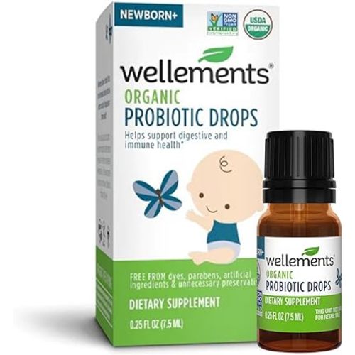 Wellements Organic Baby Probiotic Drops | Digestive and Immune Support for Infants and Toddlers | Essential Support for Baby Gut Health | USDA Organic | Preservative Free | 0.25 Fl Oz | Newborn+
