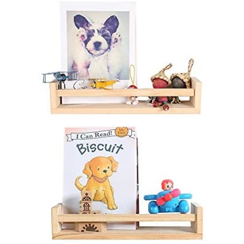 Wood Floating Nursery Shelves - Set of 2 -Wall Shelves for Bathroom Decor, Kitchen Spice Rack, or Book Shelf Organizer for Baby Nursery Room Decor Pine Natural Wood