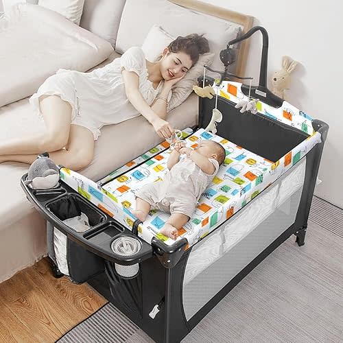 5-in-1 Pack and Play, Baby Bassinet Bedside Sleeper with U-Shaped Diaper Changer, Portable Baby Playard for Newborn Toddlers, Baby Crib with 4 Adjustable Height, Carry Bag, Easy to Install (Cartoon)