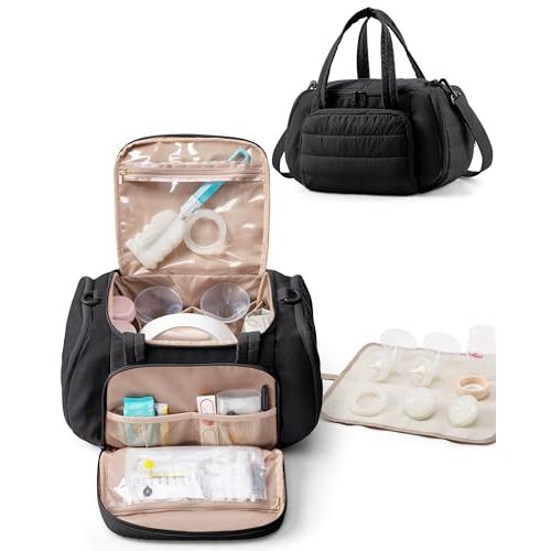 Marscamd Quilted Breast Pump Bag Compatible with Spectra S1 and S2, Pumping Bag with Cooler Compartment and a Drying Mat, Black