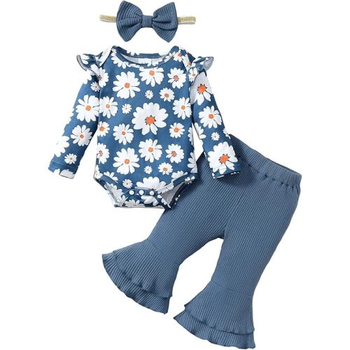 SUNNY PIGGY Baby Girl Clothes Newborn Infant Outfits Ruffle Long Sleeve Romper Pants Set with Headband