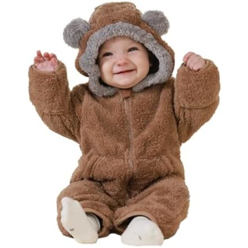 Newborn Baby Bear Outfit Suit With Fold-Over Mittens Footies Girls Boys Winter Fleece Clothes Hooded Romper Snowsuit
