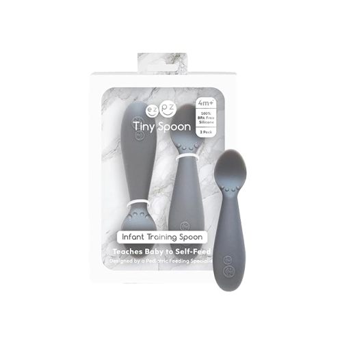 ezpz Tiny Spoon (2 Pack in Gray) - 100% Silicone Baby Spoon for Baby Led Weaning + Purees - 6 months + - Designed by a Pediatric Feeding Specialist - Baby Essentials & Baby Gifts