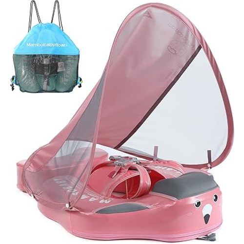 Mambobaby Float Add Tail Baby Swim Float with Canopy, Non-Inflatable Solid Baby Float, Upgrade Soft Waterproof Skin-Friendly Leather Material Infant Swim Float (Deluxe Edition Pink)