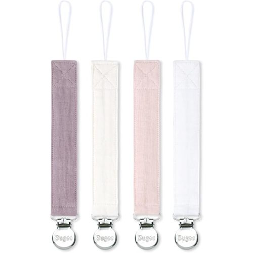 Pacifier Clip for Baby Boy and Girl - Linen Soft Fabric Pacifier Hold with Clip for Binky, Leash Soothie Holder Unisex 4 Pack (Pink)