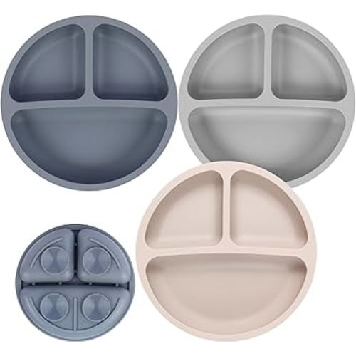 Toddler Plates, 3 Pack Divided Baby Plates with Suction, Food Grade Silicone Baby Led Weaning Supplies, BPA Free, Non-Slip, Microwave and Dishwasher Safe