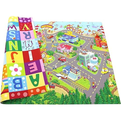 Baby Care Play Mat (Medium, Playful - Zoo Town) 73’’ x 49’’ Original One-Piece Reversible Rollable Waterproof Play Mat for Infants, Babies, Toddler, and Kids