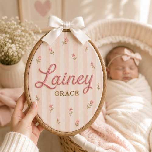 Personalized Pink Stripe Baby Name Hoop, Floral Embroidered Nursery Decor, Custom Baby Girl Wall Art, Baby Shower Gift