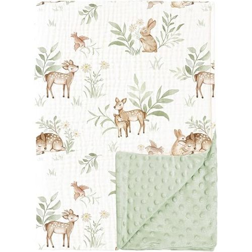 Konssy Baby Blankets for Unisex Boys Girls, Super Soft Nursery Minky Blankets with Muslin Cotton Front and Dotted Fleece Backing, Printed Bed Throws Newborn