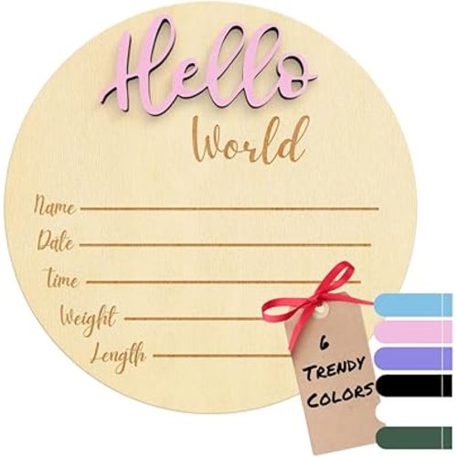 Baby Announcement Sign – 6” Wooden Hello World Newborn Name Sign, Hospital Birth Stat Plaque, Gender-Neutral Welcome Baby Keepsake, Personalized Photo Prop for Boys & Girls, Newborn Gift (Pink)