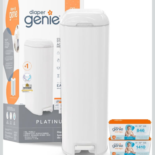 Diaper Genie Platinum Diaper Pail Gift Set | Hands-Free Odor Control with Foot Pedal | Stainless Steel Baby Diaper Pail | Includes 2 Easy Roll Refills 48 Bags Total | Baby Registry Must-Have