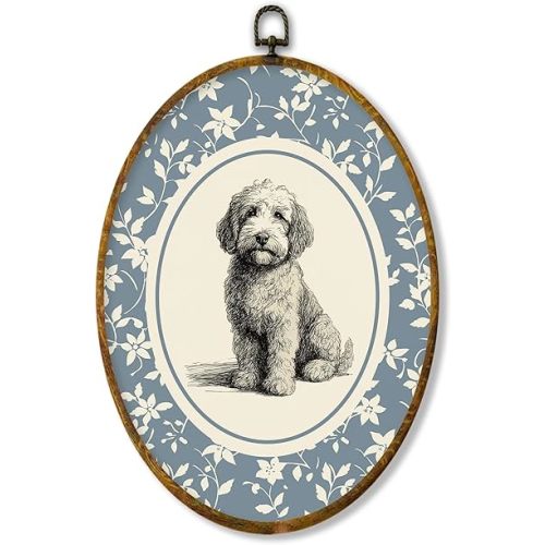 XPH Vintage Goldendoodle Oval Wall Art Framed, Goldendoodle Gifts for Women Oval Wall Decor, Blue Floral Golden Doodle Dog Hanging Canvas Prints for Home Bedroom Living Room Decoration, 8.6x11.4 Inch