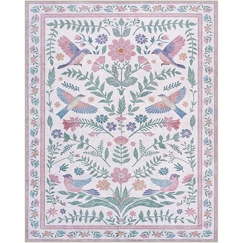 LIVEBOX Washable Rug 8x10, Floral Area Rugs with Birds, Non Slip Soft Vintage Large Living Room Rug Bedroom, Apartment, Nursery Room, Cute Animal Rugs for Kids Daughter Baby, Pink