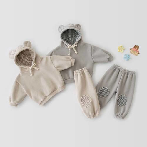 Baby Cute Hoodie &amp; Striped Patch Pants Set