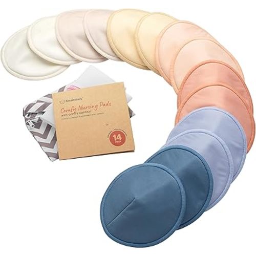 Organic Nursing Pads - 14 Washable Breast Pads for Breastfeeding, Wash Bag, Viscose Derived from Bamboo Reusable Nipple Covers for Breastfeeding Essentials, Soft & Absorbent (Sweetheart, L 5")