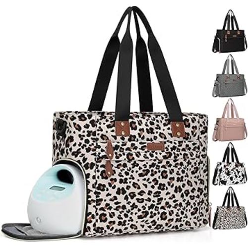 Pritent Diaper Bag Tote for Working Mom, Large Travel Diaper Tote for Mom and Dad with 14 Inch Laptop Sleeve, Mommy Maternity Travel Baby Bag for Boys and Girls, Leopard