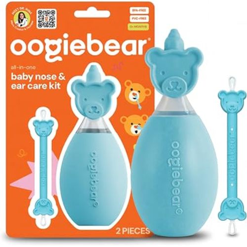 oogiebear BearPair FSA/HSA Eligible Silicone Bulb Baby Nasal Aspirator and Ear & Nose Syringe, Safely Sucks Snot and Removes Mucus, Cleanable and Reusable, Blue